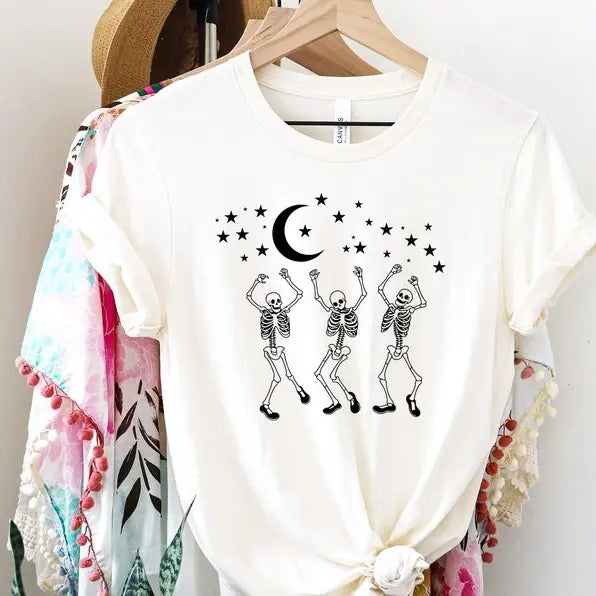 Halloween Party Dancing Skeleton Shirt Fall Vintage Skull Dancing Skeleton Ghost Printed Tops Halloween T-Shirts