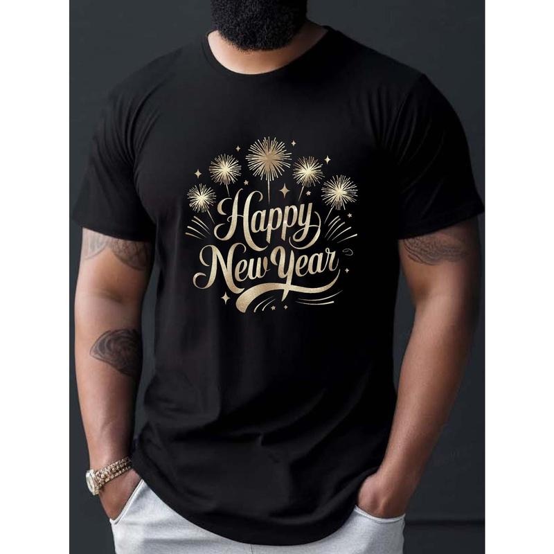 Happy New Year Fireworks & Stars Print Casual Short Sleeve Breathable Cotton Summer Made USA T-Shirts
