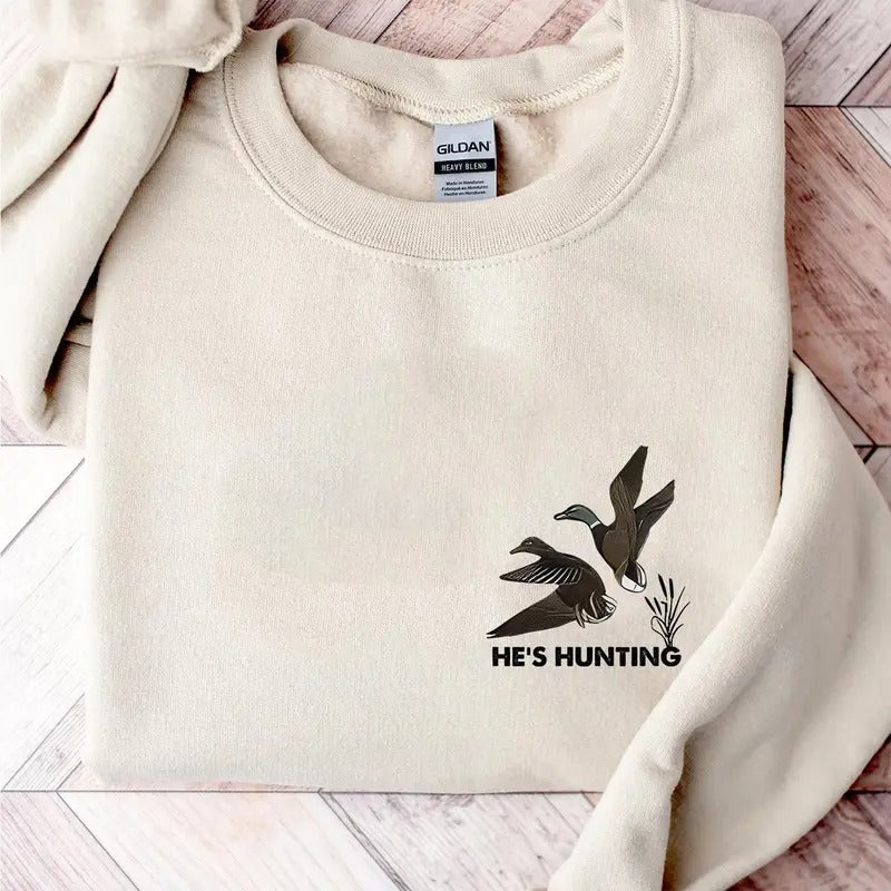 He Is Hunting Mallard Duck Hunter Life Pocket 90s Hunting Season Cotton Fabric Menswear T-Shirts