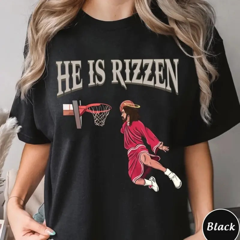 He Is Rizzen Shirt Retro Christian Faith Religious Shirt Funny Easter Jesus Playing Basketball Weirdcore Funny Jesus T-Shirts