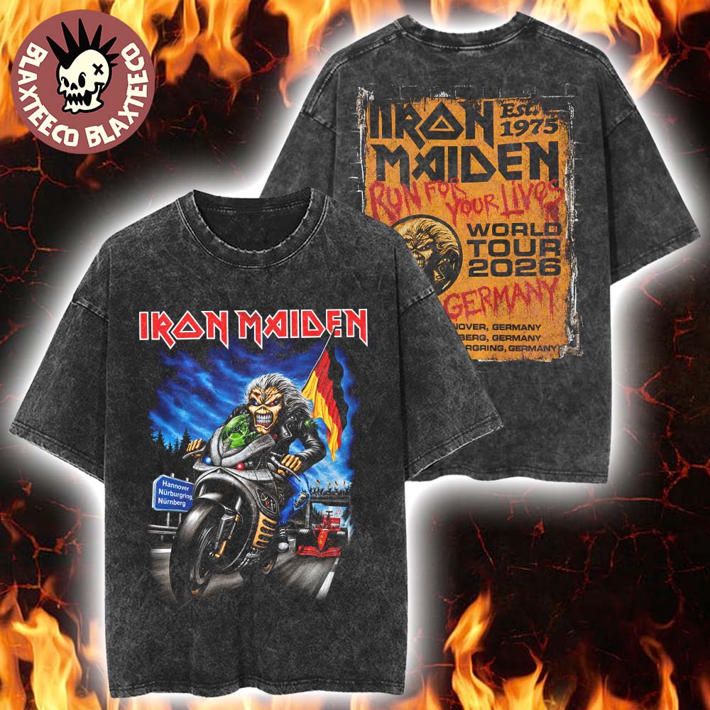 Iron Maiden Germany 2026 Tour Exclusive Event Tee For Hannover Nurnberg And Nurburgring On 2 6 And 7 June 2026 Vintage Washed Tee