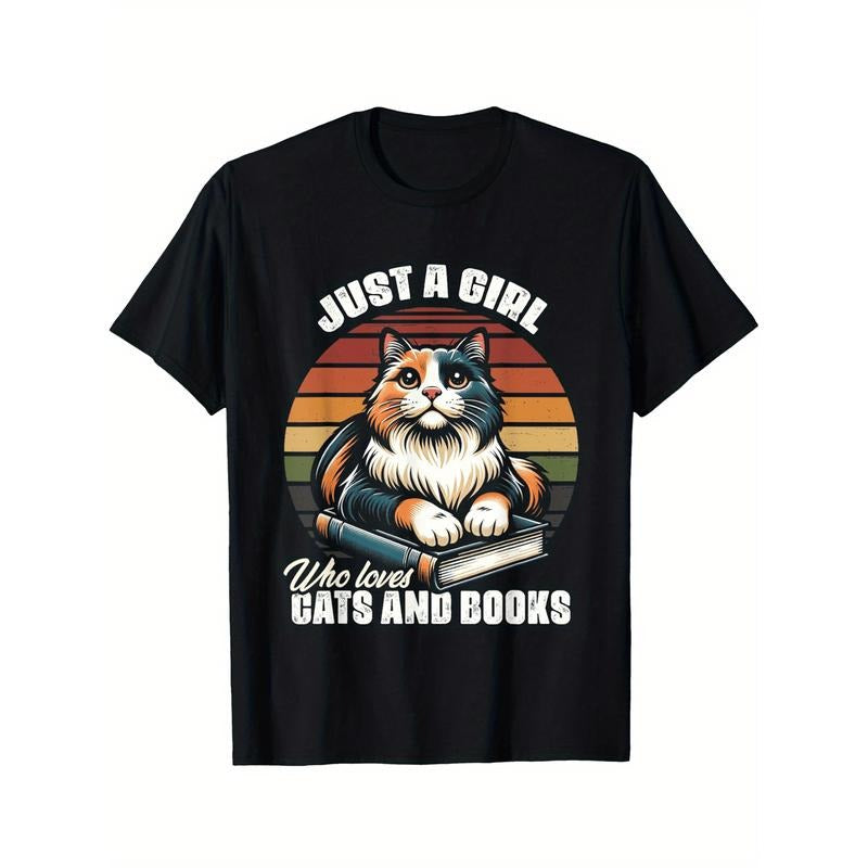 Just Girl Who Loves Books Cats Animal Kitten Reading Comfortable Leisure Sports Halloween Made USA T-Shirts