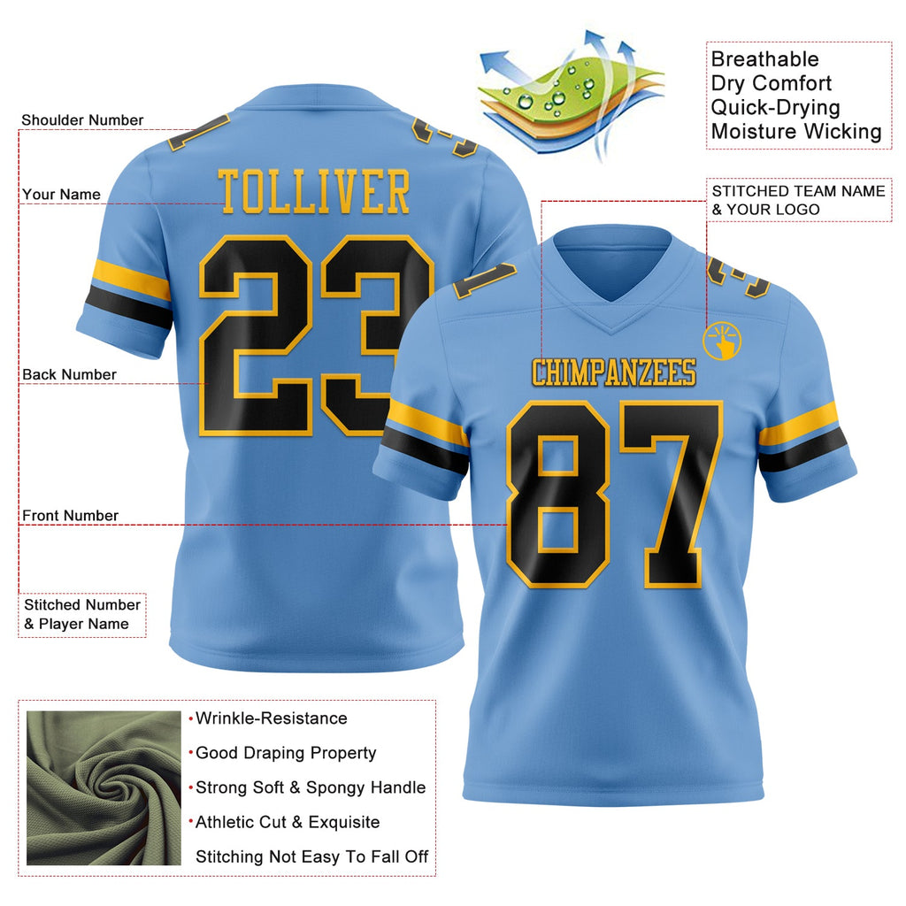 Custom Light Blue Black-Gold Authentic Football Jersey