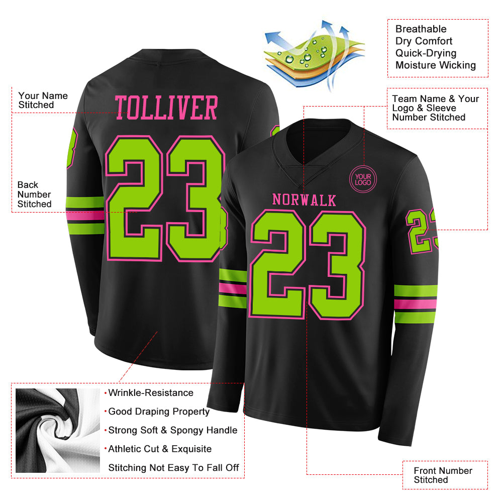Custom Black Neon Green-Pink Long Sleeve Authentic Football Jersey