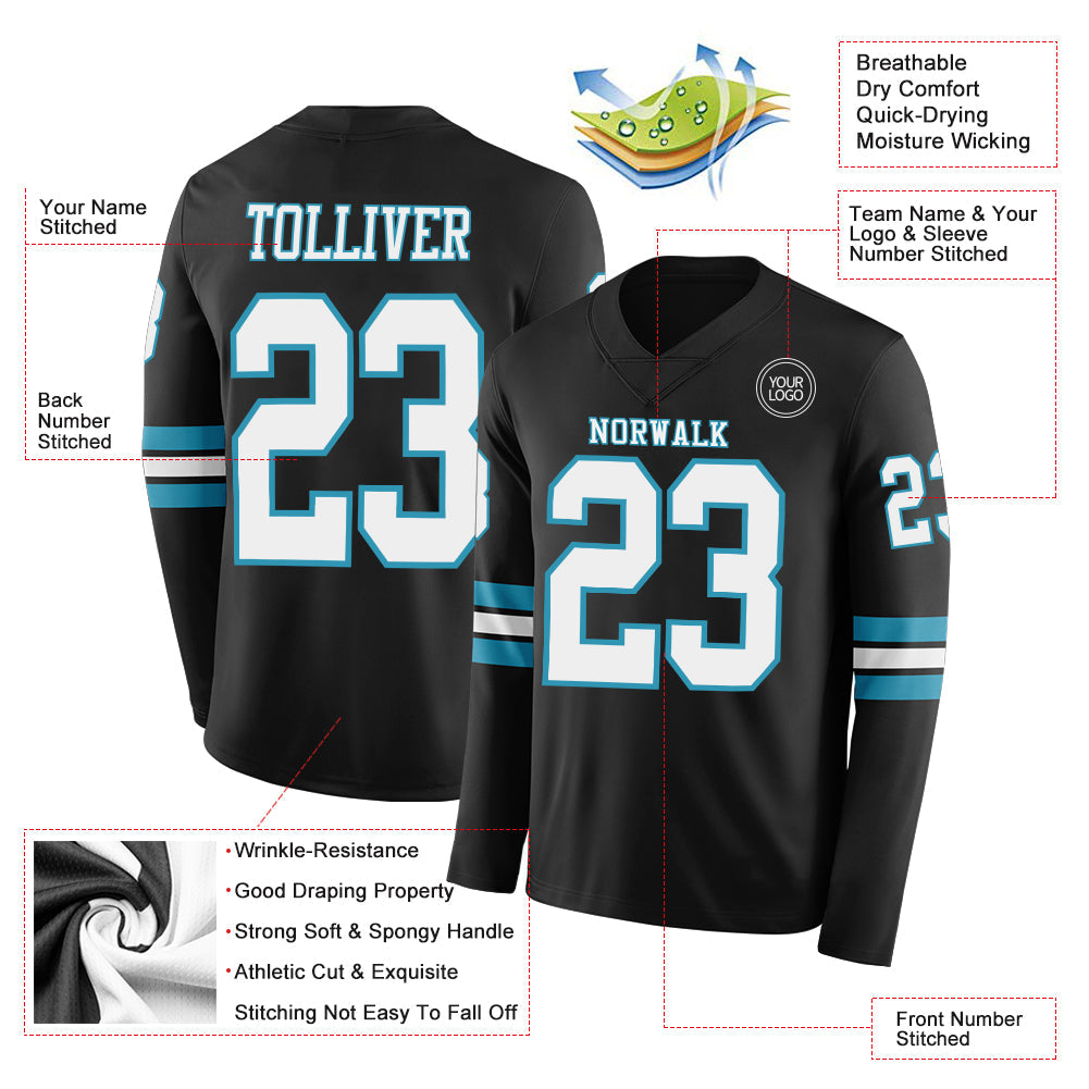 Custom Black White-Panther Blue Long Sleeve Authentic Football Jersey