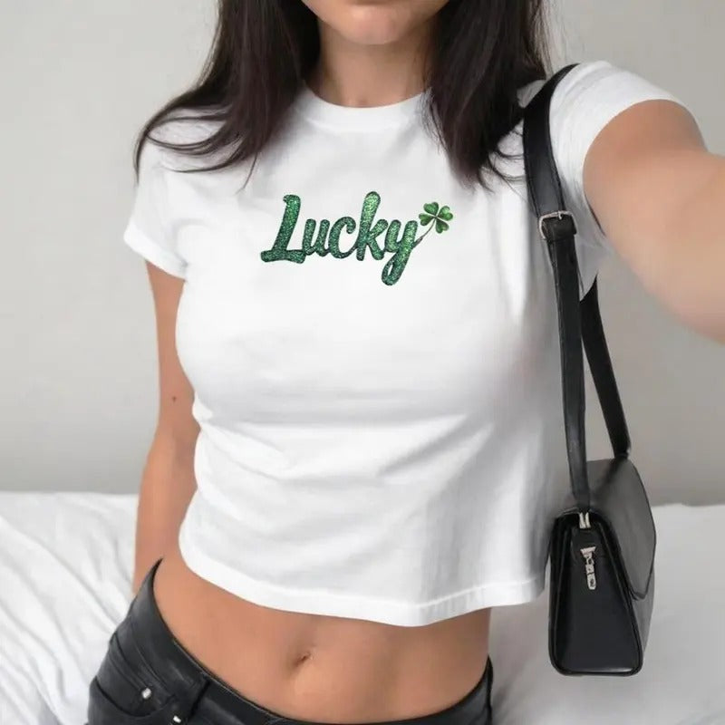 Lucky Baby Lucky Shamrock Green Baby Y2k Baby Sparkly Letters St. Patrick'S Day Shirt St Paddys Day Bar Shirt T-Shirts