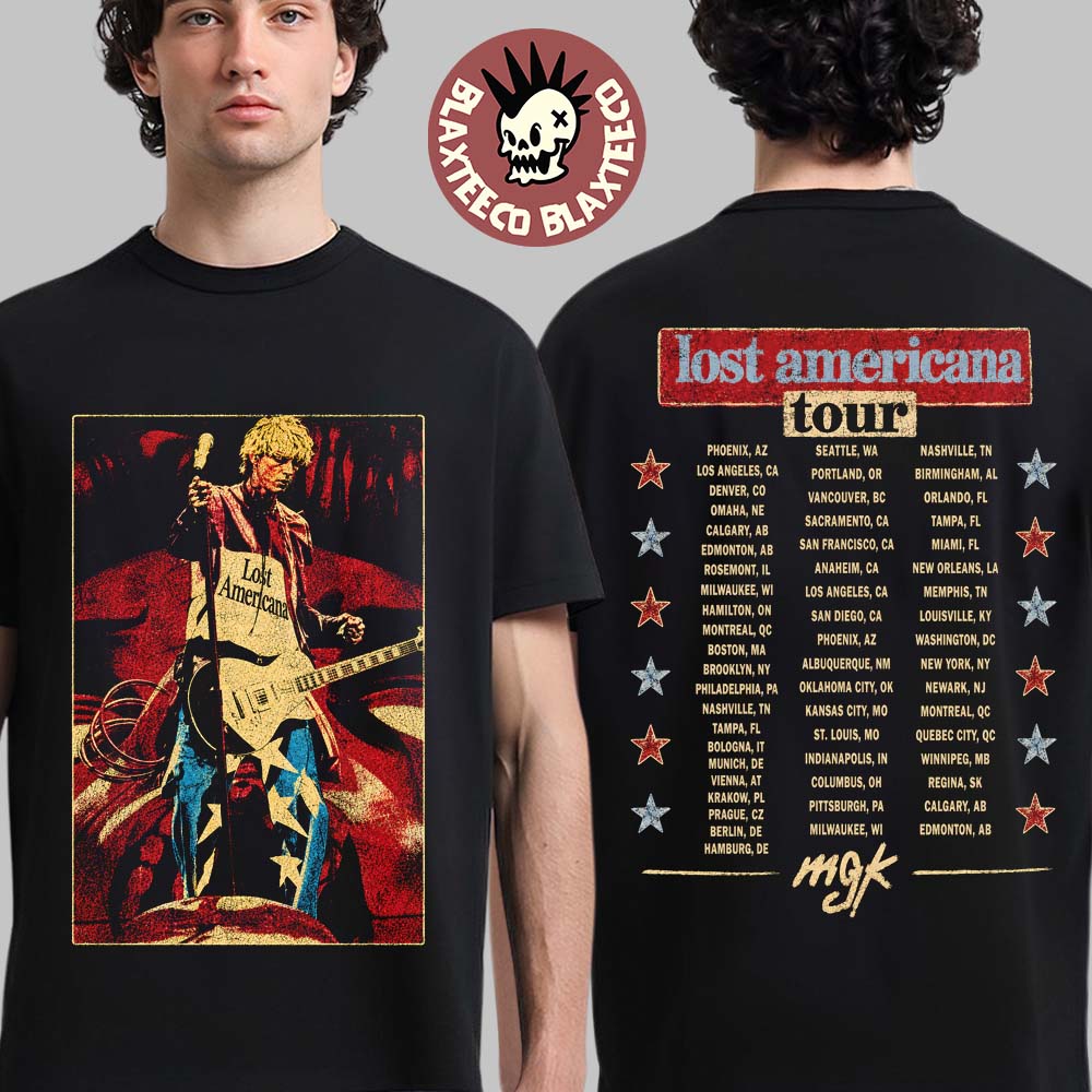 Machine Gun Kelly MGK Lost Americana Tour 2026 Merch MGK With Guitar Vintage Photo Two Sided T-Shirt