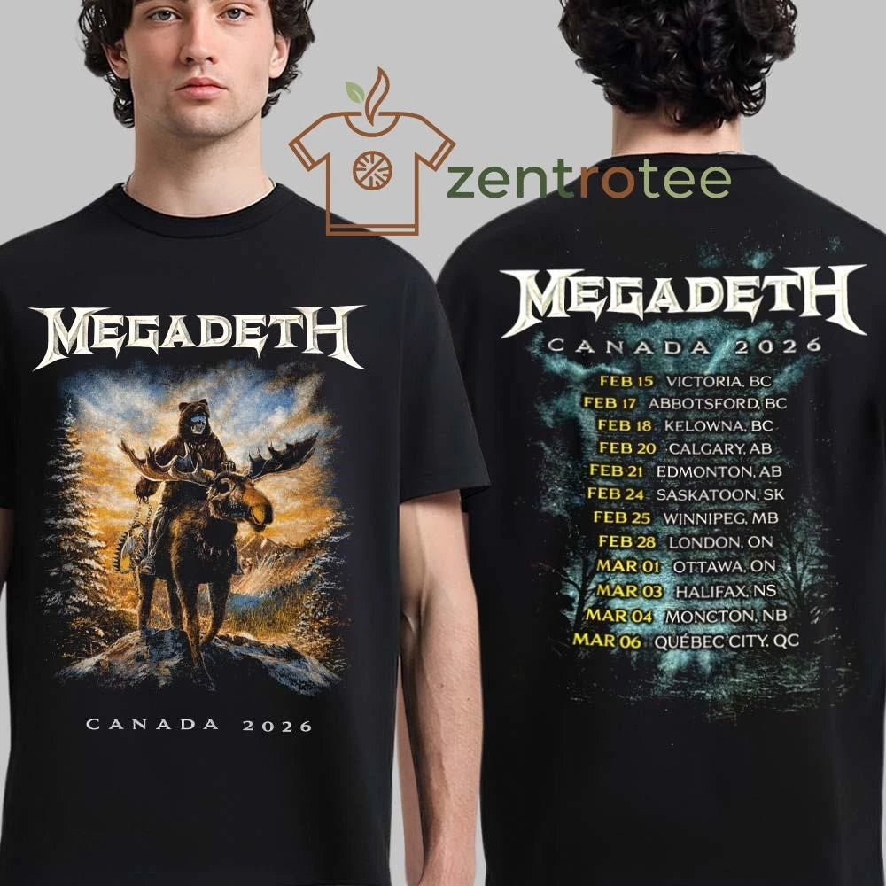 Megadeth Canada 2026 Tour Merch Vic Rattlehead Riding Reindeer With Dates tee
