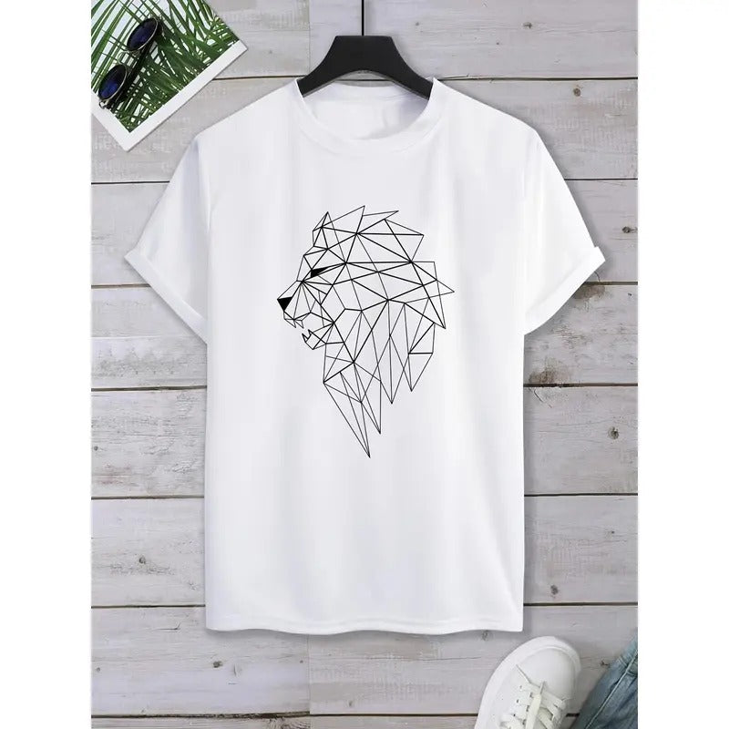 Casual Crew Neck Short Sleeve Lion Print Made USA T-Shirts