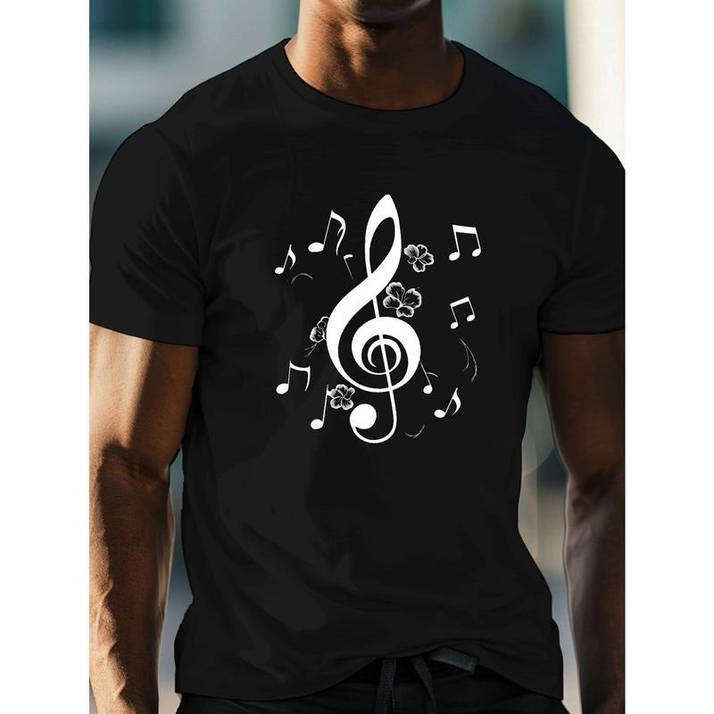 Casual Crew Neck Intricate Treble Clef Print Lightweight Breathable Cotton Summer Comfort Made USA T-Shirts