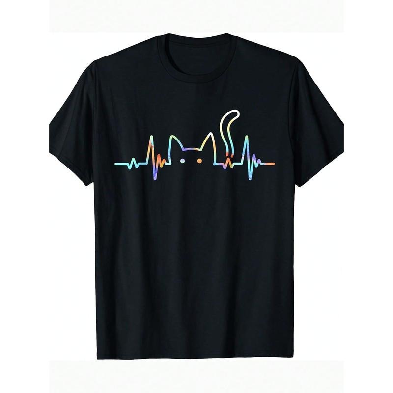 Heartbeat Cat Soft Cotton Short Sleeve Round Neck Casual & Casual Parties Outdoor Activities Party Casual Round Neck Soft Cotton Shirt Cat Shirt Made USA T-Shirts