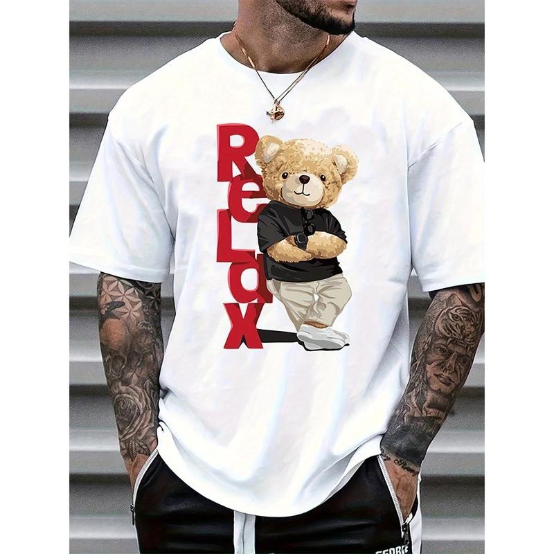 Bear Print Short Sleeve Comfortable Cotton Blend Round Neck Machine Washable Summer Leisure Conventional Version Summer Made USA T-Shirts
