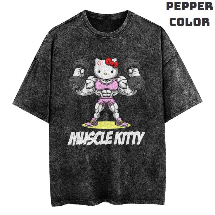 Muscle Kitty Vintage Gym Funny Anime Shirts Vacation Outfits Anime Manga Shirt Top Menswear Womenswear Streetwear T-Shirts