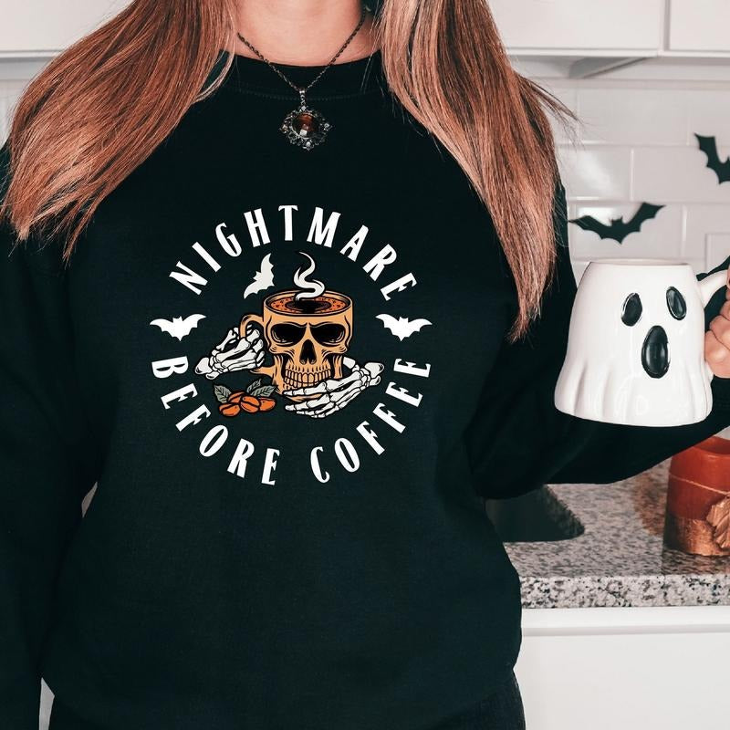 Nightmare Before Coffee Halloween Skull Coffee Lover Spooky Season Long Sleeve T-Shirts