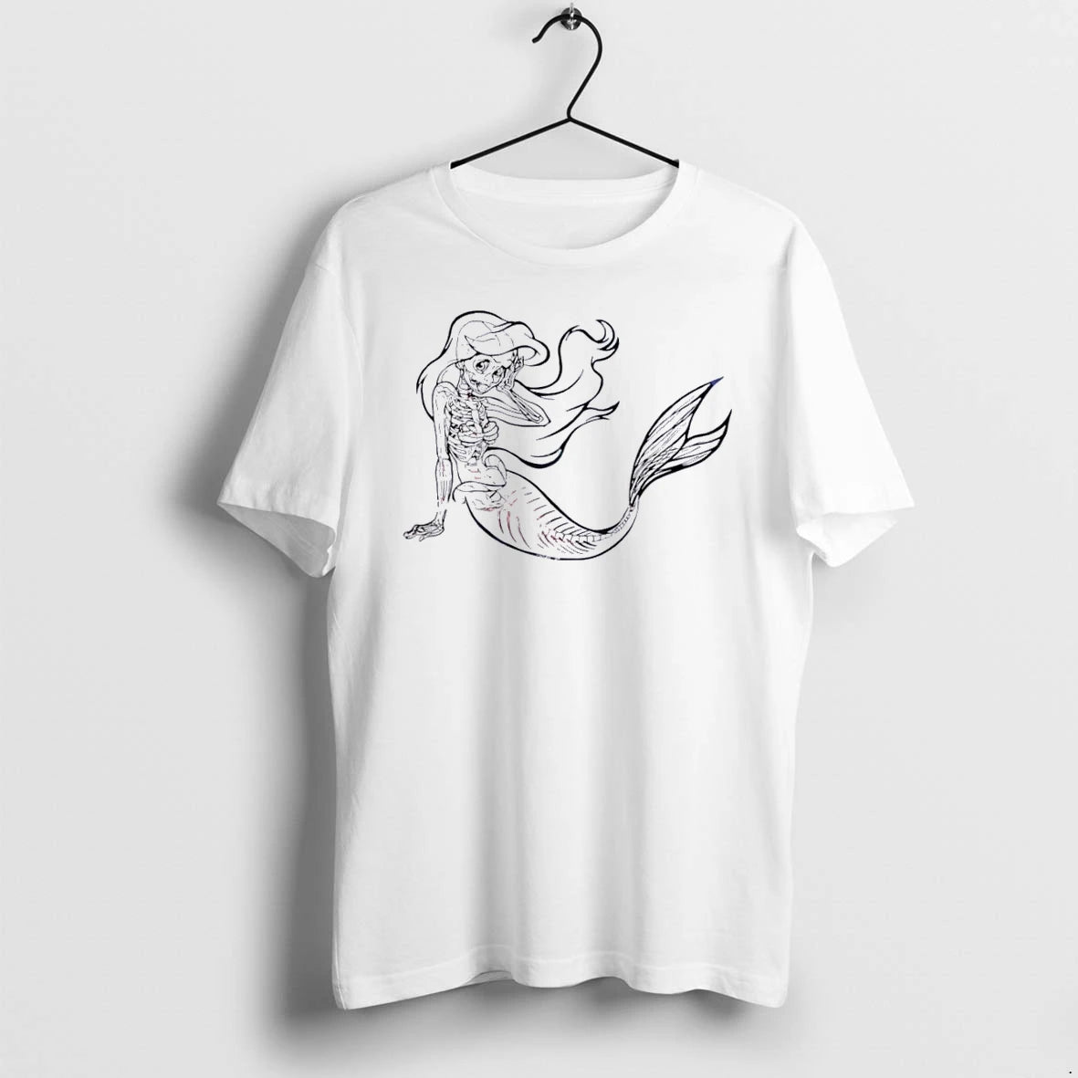 Officials Anatomical Skeleton Mermaid Sitting Pose Flowing Hair Line Art White Womens T Shirt Sweater