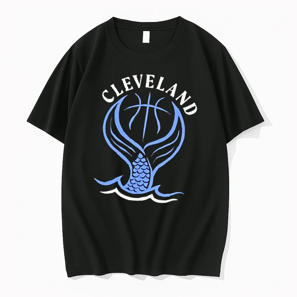 Officials Cleveland Basketball Mermaid Tail Ocean Waves Blue Line Art Mens Premium T Shirt