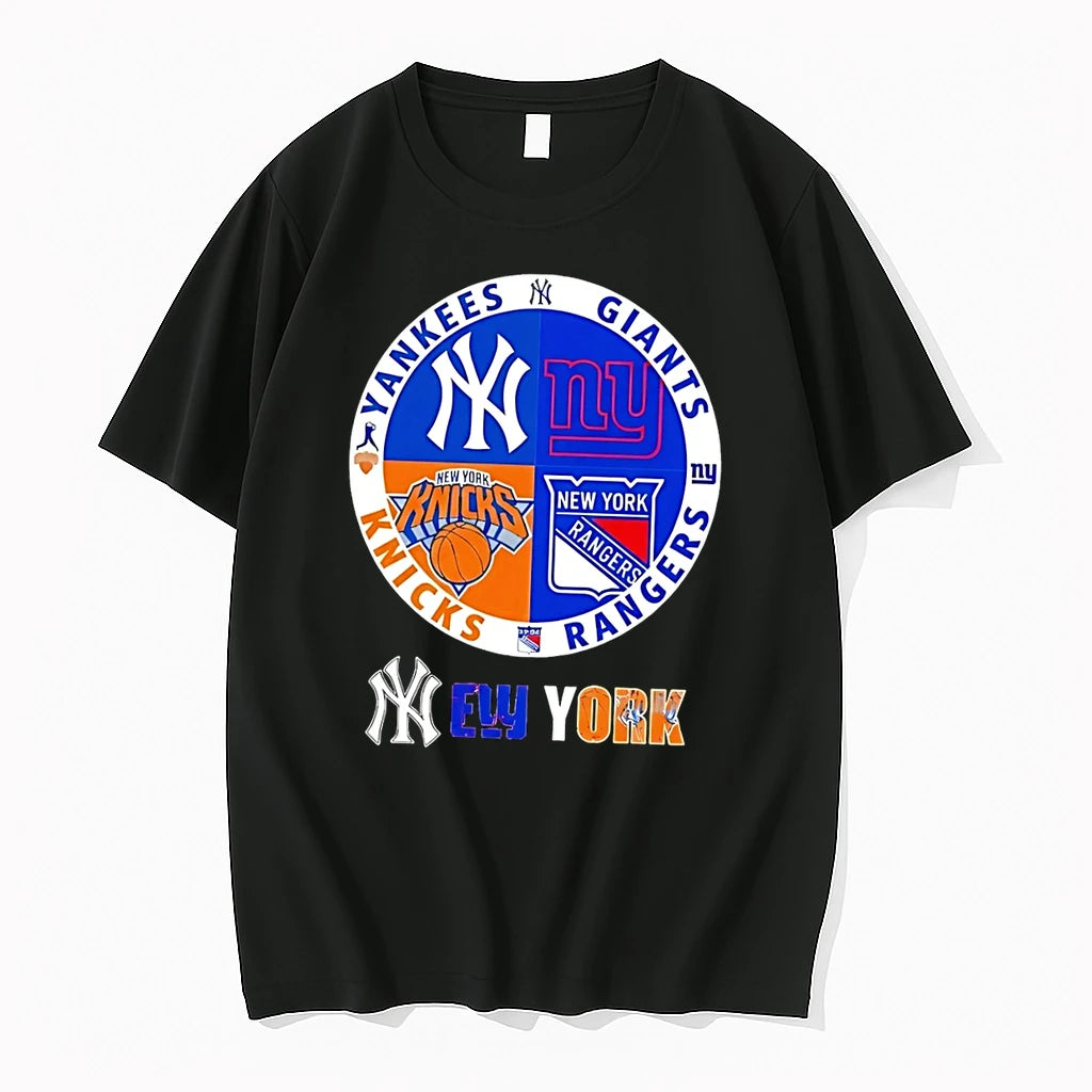 Officials New York Sports Logos Yankees Giants Knicks Rangers Black Premium T Shirt