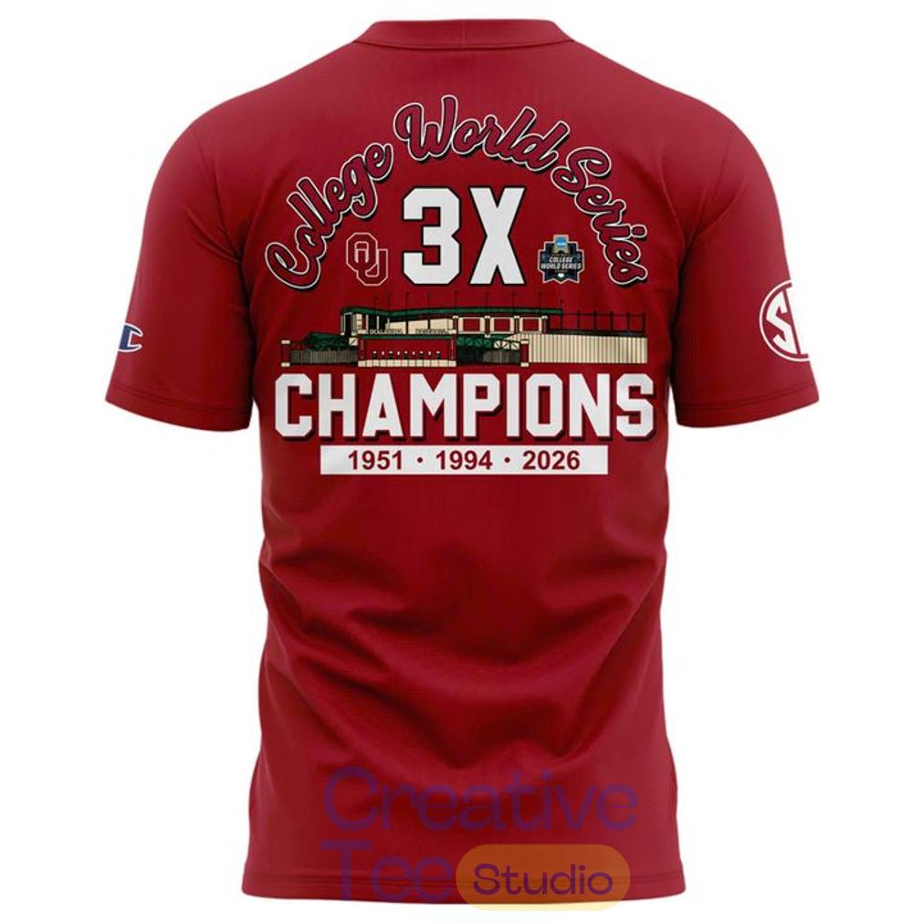 Oklahoma Sooners Red 3X College World Series Champions T-Shirt