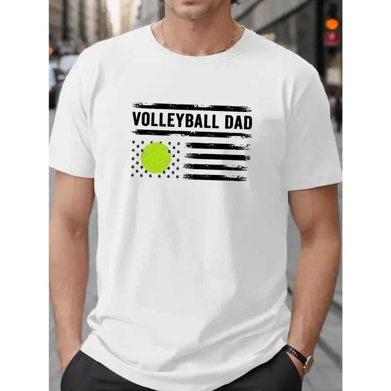 Plus Size VOLLEYBALL DAD Letter Print Breathable Comfy Casual Short Sleeve Top Big & Tall Males Summer Made USA T-Shirts