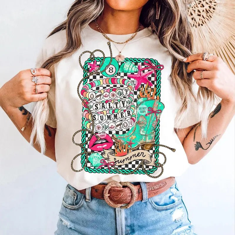 Retro Boho Checkered Salty Summer Bracelet Shirt Coastal Cowgirl Western Beach Checkered Rodeo Turquoise Western Girly Summer T-Shirts