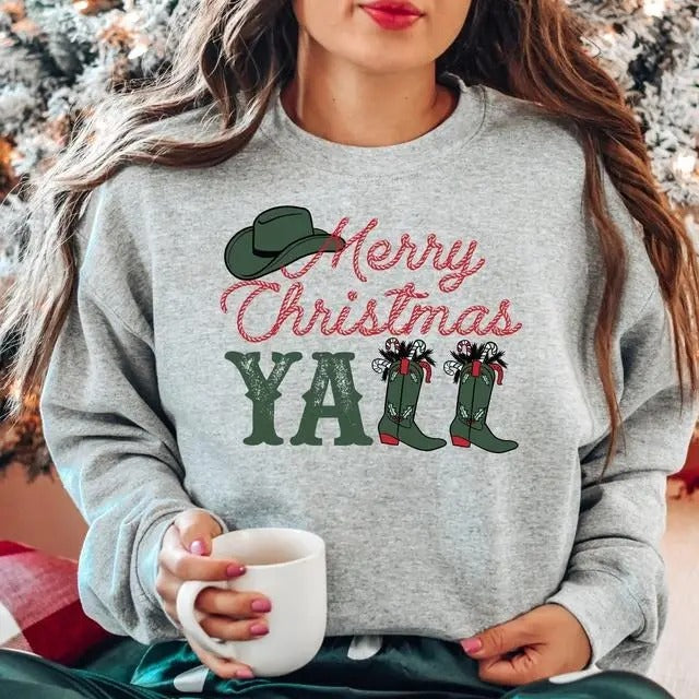 Retro Cowboy Merry Yall Western Countryside Western Cowgirl Cowboy Boots Xmas T-Shirts