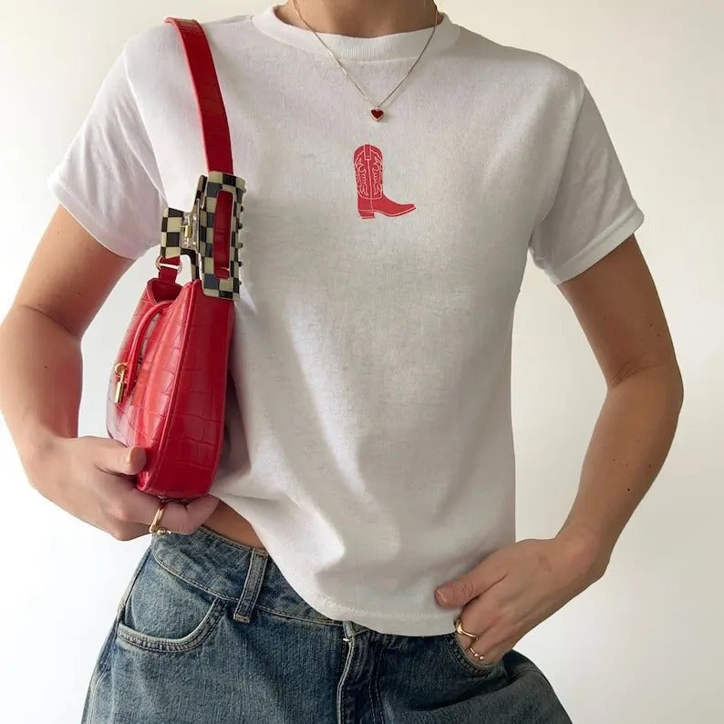Retro Red Cowboy Boot Rodeo Vintage Country Baby Western Shirt Concert Cowgirl Collar Cotton T-Shirts
