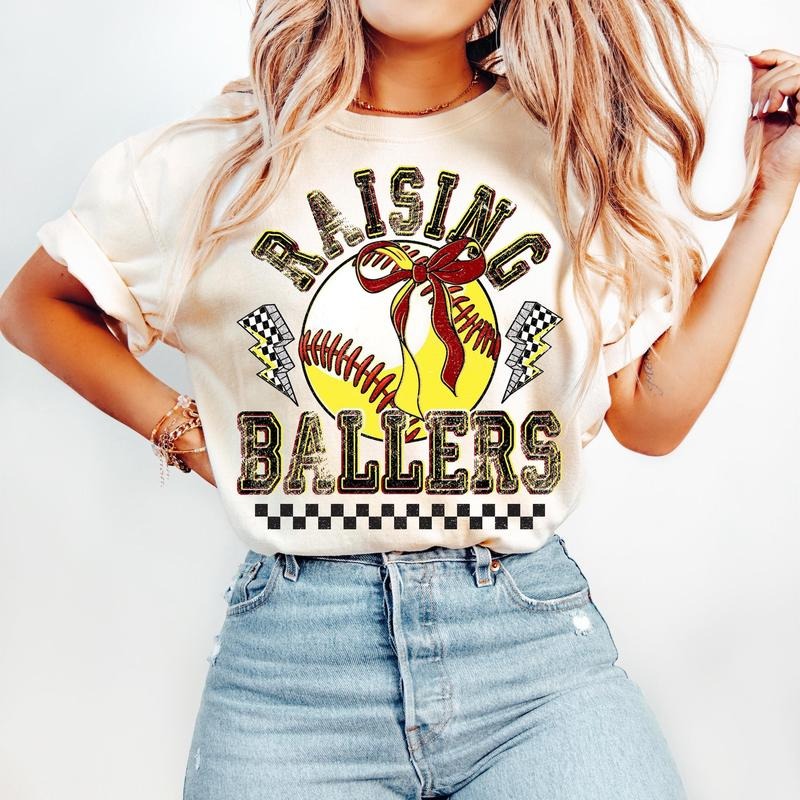 Retro Softball Baseball Raising Ballers Game Day Softball Baseball Coquette Bow Baseball Mom Funny Baseball T-Shirts