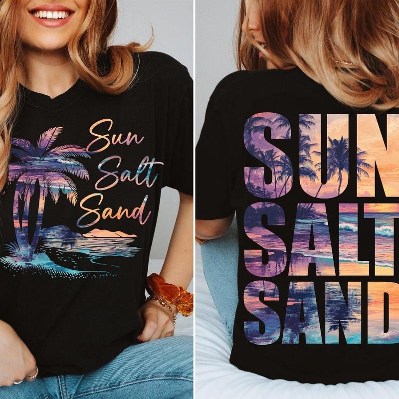 Retro Summer Sun Salt Sand 2 Sided Shirt Summer Beach Sunset Salty Summer Vacation T-Shirts