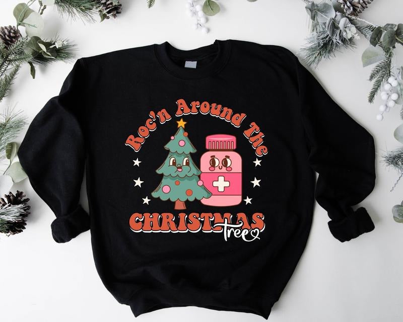 Rocking Around Tree Retro Pharmacy Medical Matching Nursing School X Mas Nurse Student T-Shirts