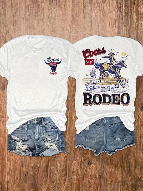 Rodeo Print Casual Crew Neck Short Sleeve Top Spring & Summer Comfort Cotton T-Shirts