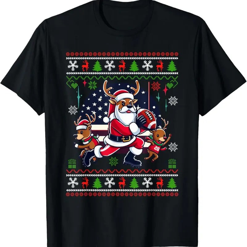 Santa Reindeer Play American Football Ugly T-Shirts