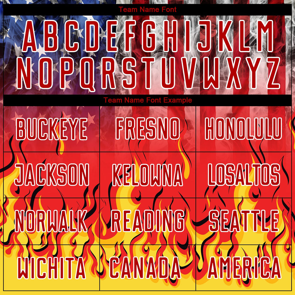 Custom Black Royal Red-Gold American Flag Flame Sublimation Soccer Uniform Jersey