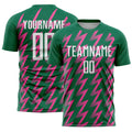 Custom Kelly Green White-Pink Zigzag Shape Sublimation Soccer Uniform Jersey