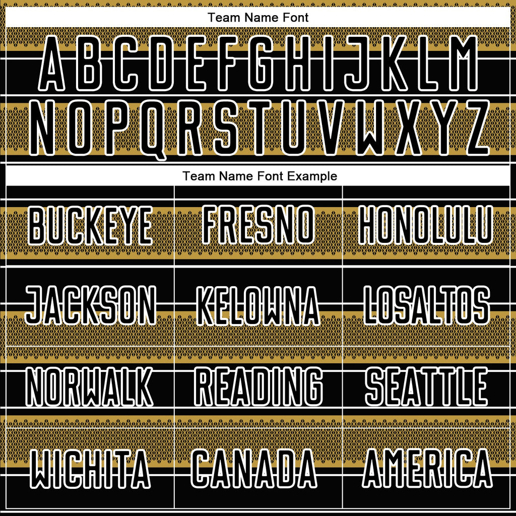 Custom Black Old Gold-White Geometric Shapes And Line Sublimation Soccer Uniform Jersey