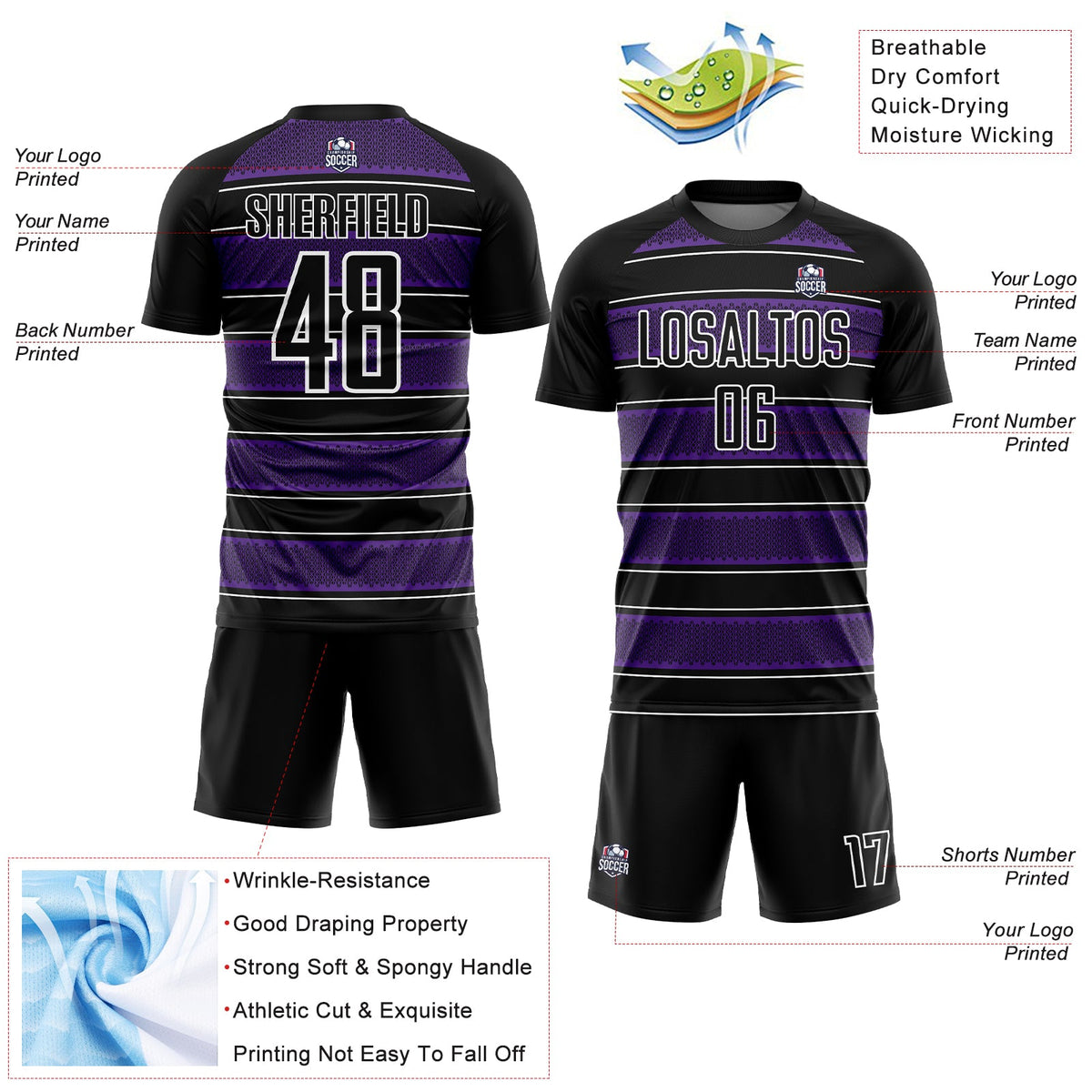 Custom Black Purple-White Geometric Shapes And Line Sublimation Soccer Uniform Jersey