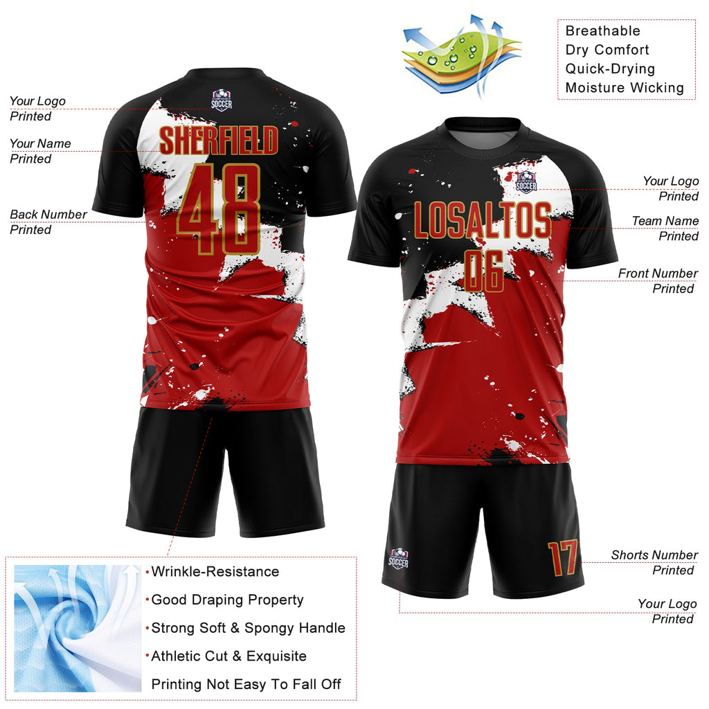 Custom Black Red-Old Gold Spalsh Sublimation Soccer Uniform Jersey