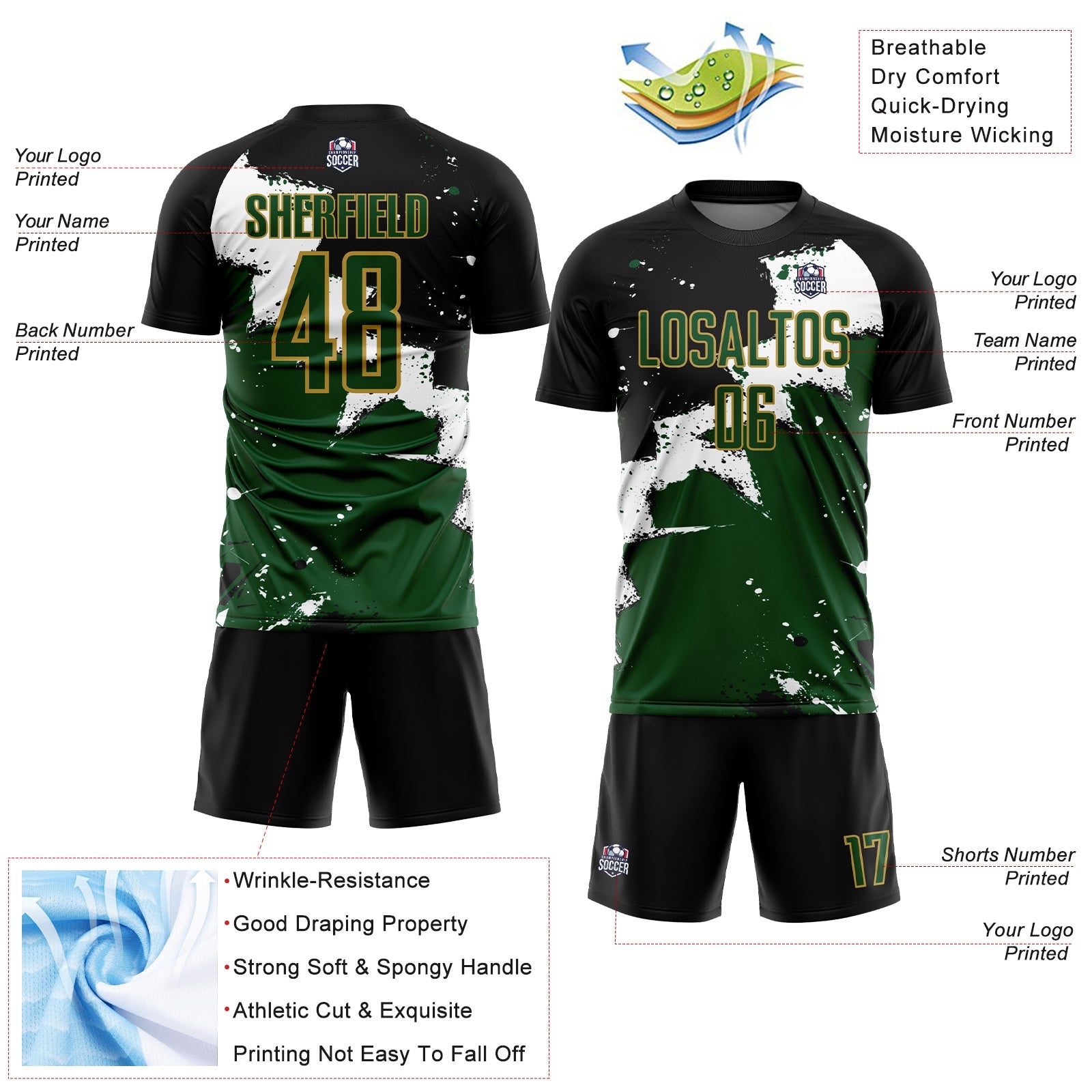 Custom Black Green-Old Gold Spalsh Sublimation Soccer Uniform Jersey