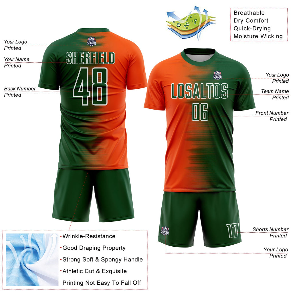 Custom Green Orange-White Gradient Line Sublimation Soccer Uniform Jersey