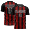 Custom Black Red-White Abstract Network Sublimation Soccer Uniform Jersey