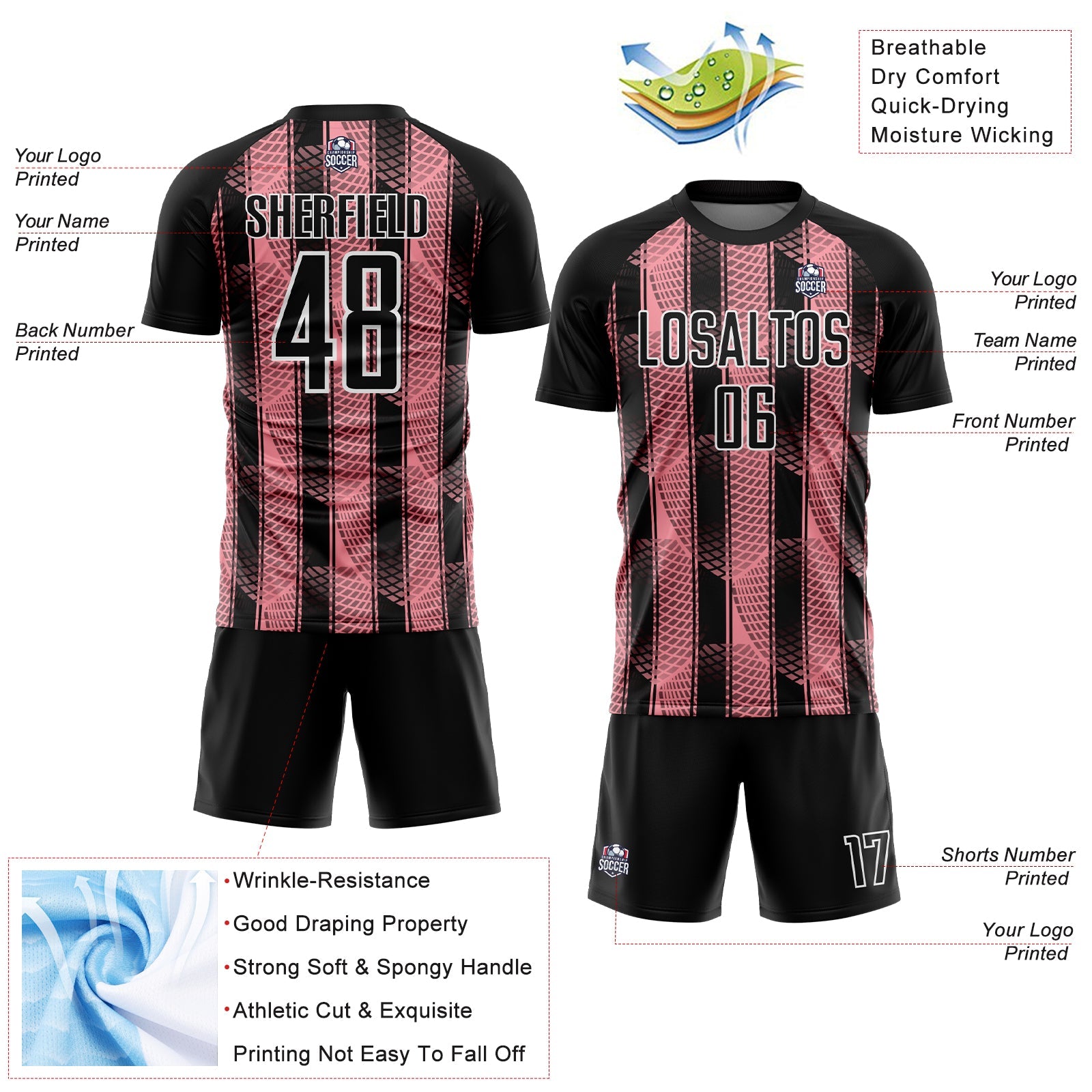 Custom Black Medium Pink-White Abstract Network Sublimation Soccer Uniform Jersey