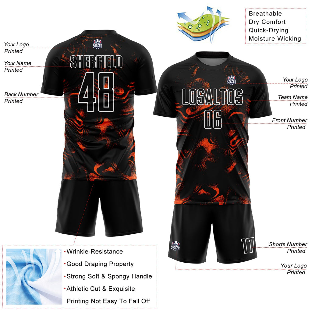 Custom Black Orange-White Abstract Liquid Sublimation Soccer Uniform Jersey