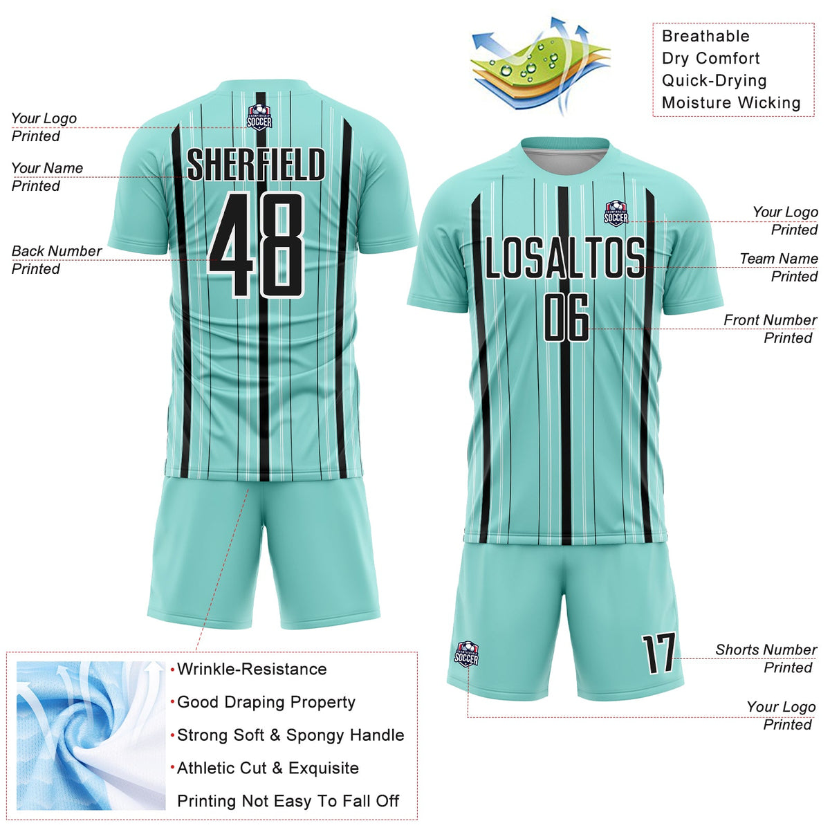 Custom Ice Blue Black-White Stripe Sublimation Soccer Uniform Jersey