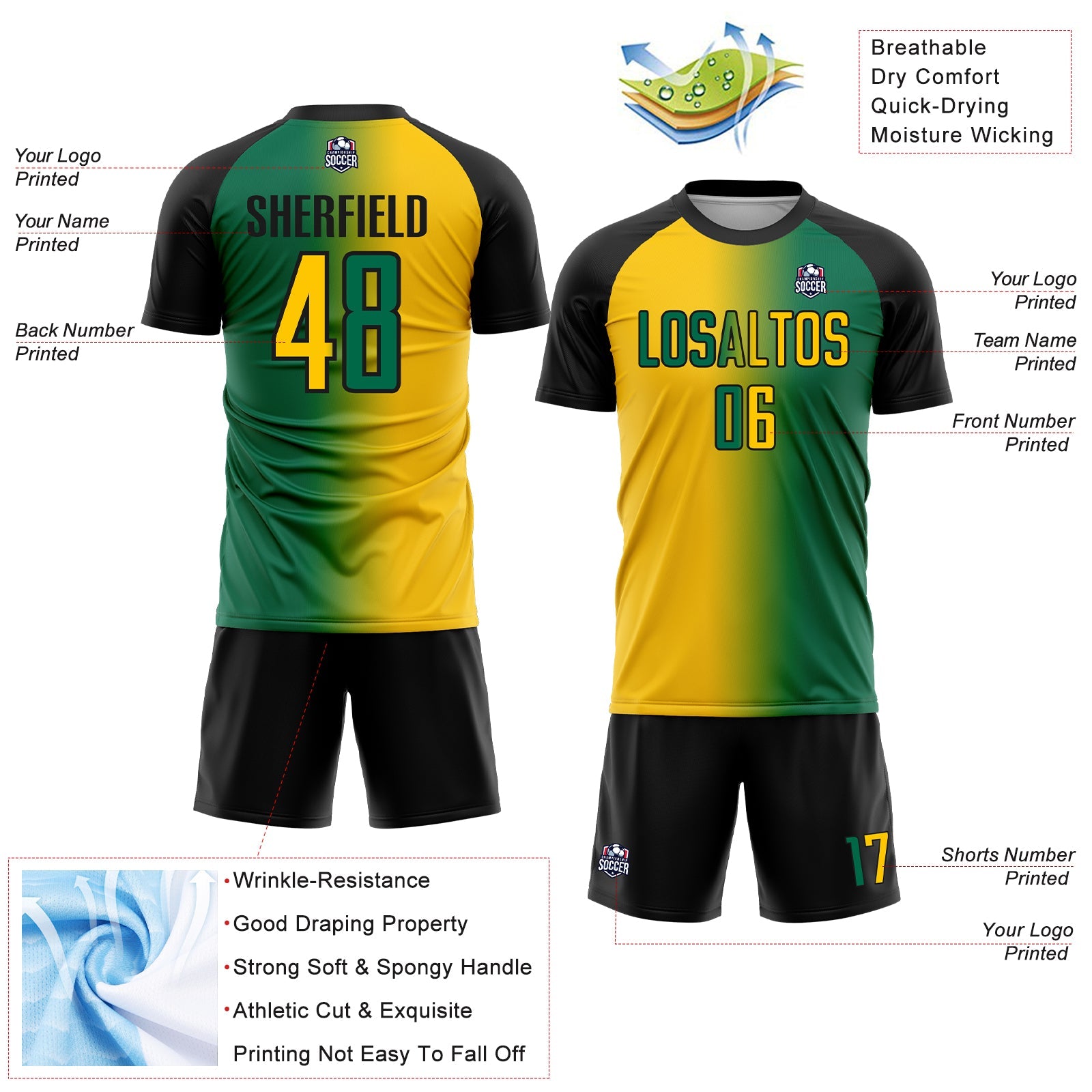 Custom Kelly Green Yellow-Black Sublimation Gradient Fashion Soccer Uniform Jersey