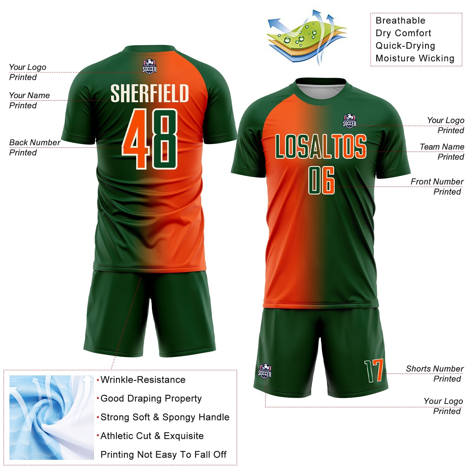Custom Green Orange-Cream Sublimation Gradient Fashion Soccer Uniform Jersey