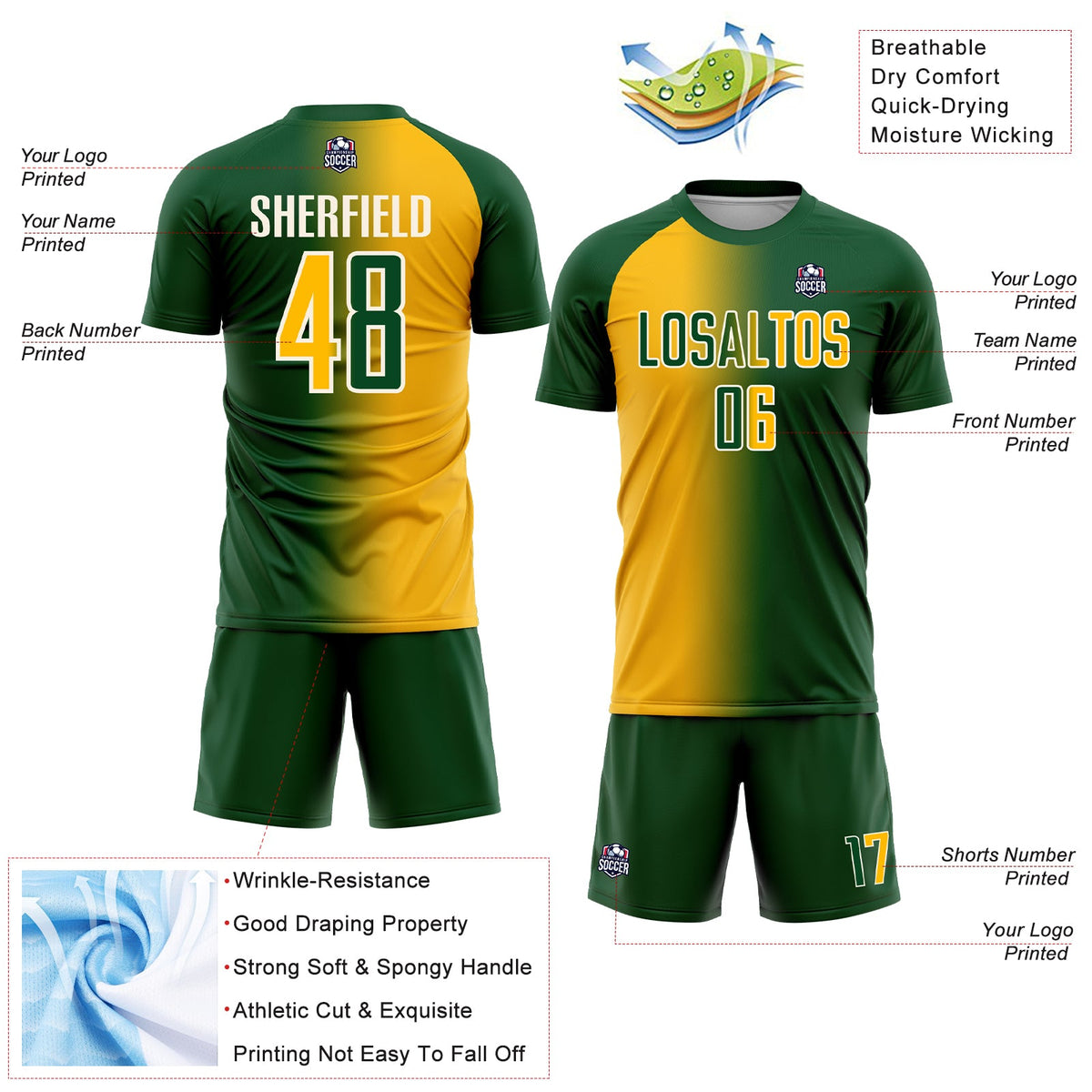 Custom Green Gold-Cream Sublimation Gradient Fashion Soccer Uniform Jersey