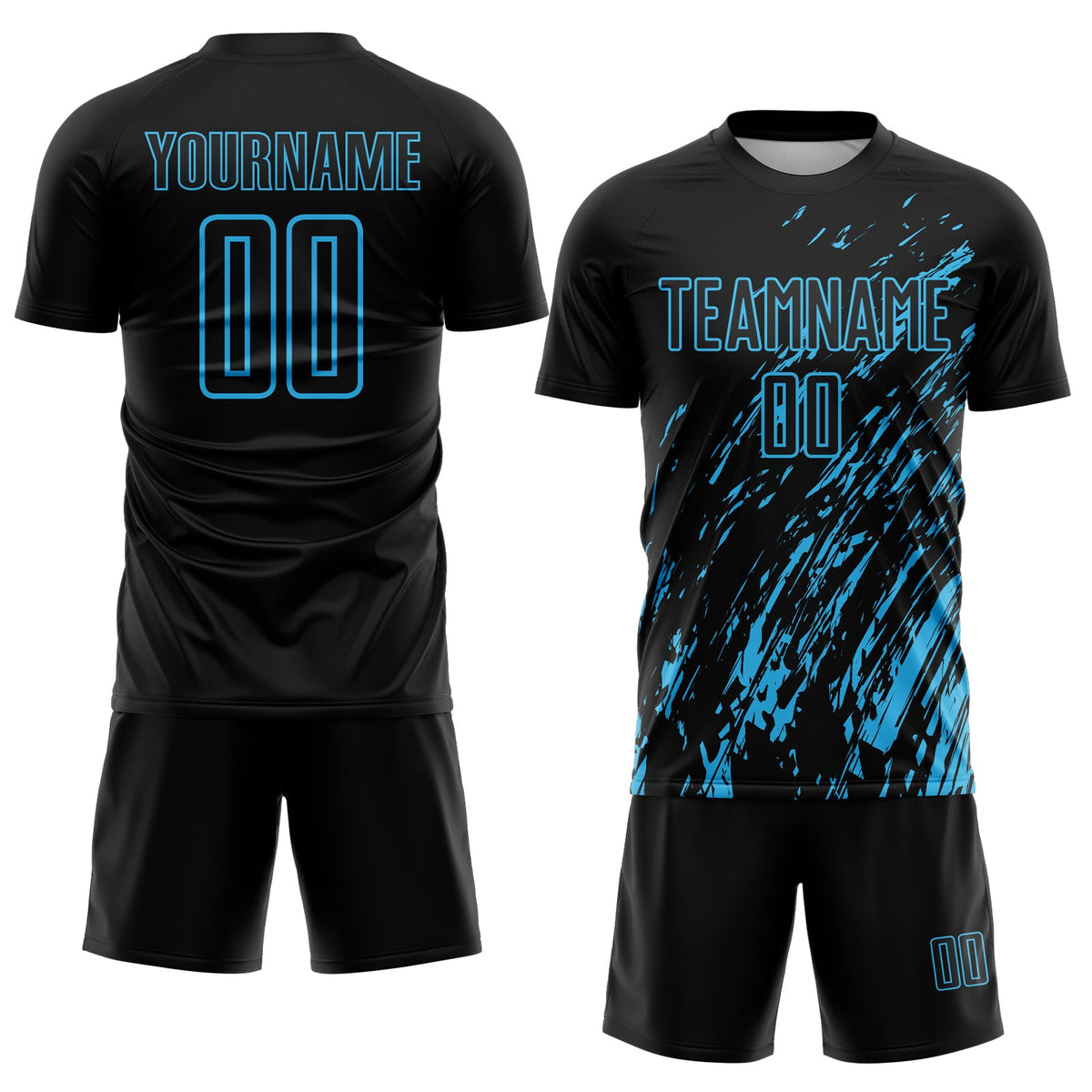 Custom Black Sky Blue Splash Sublimation Soccer Uniform Jersey