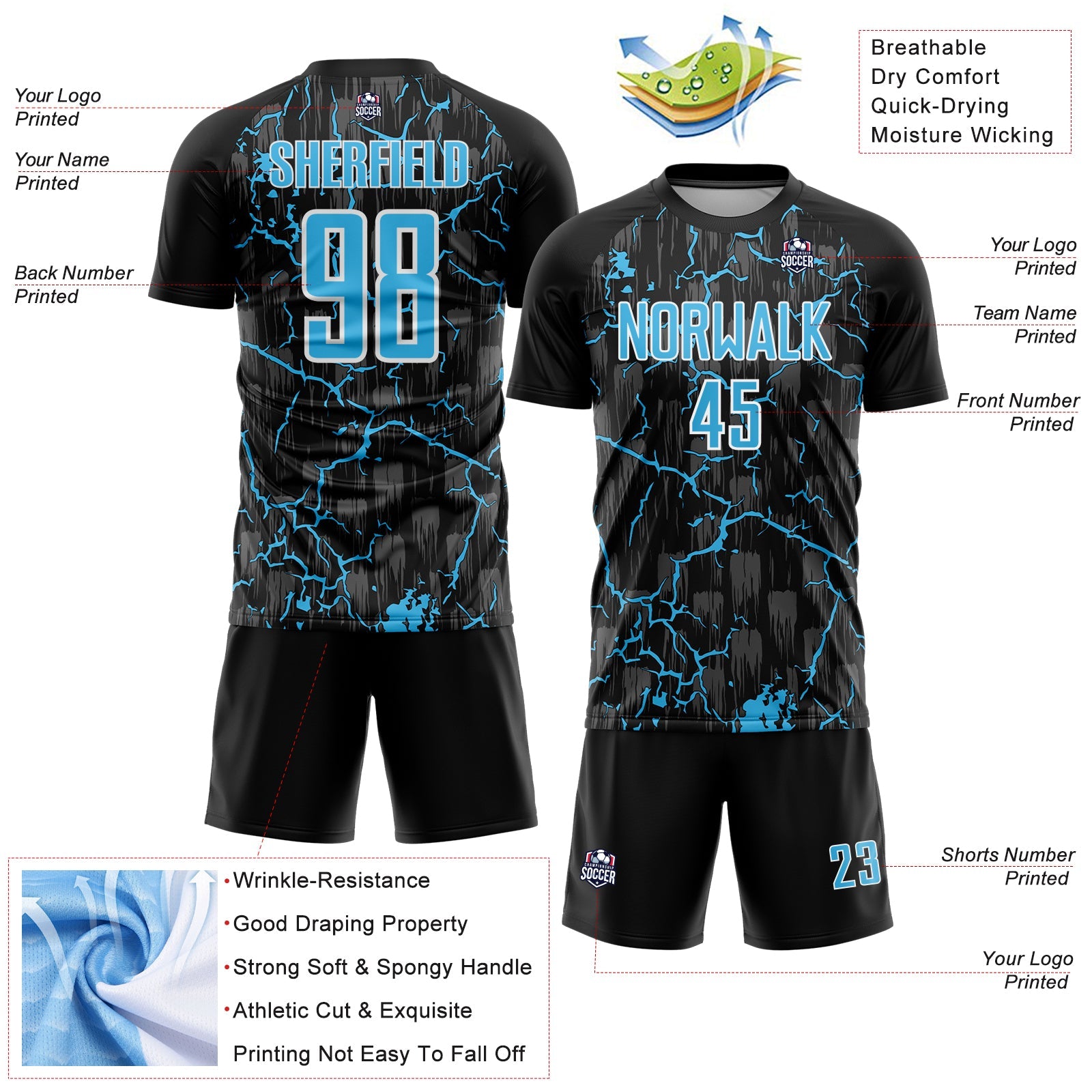 Custom Black Sky Blue-White Lightning Sublimation Soccer Uniform Jersey