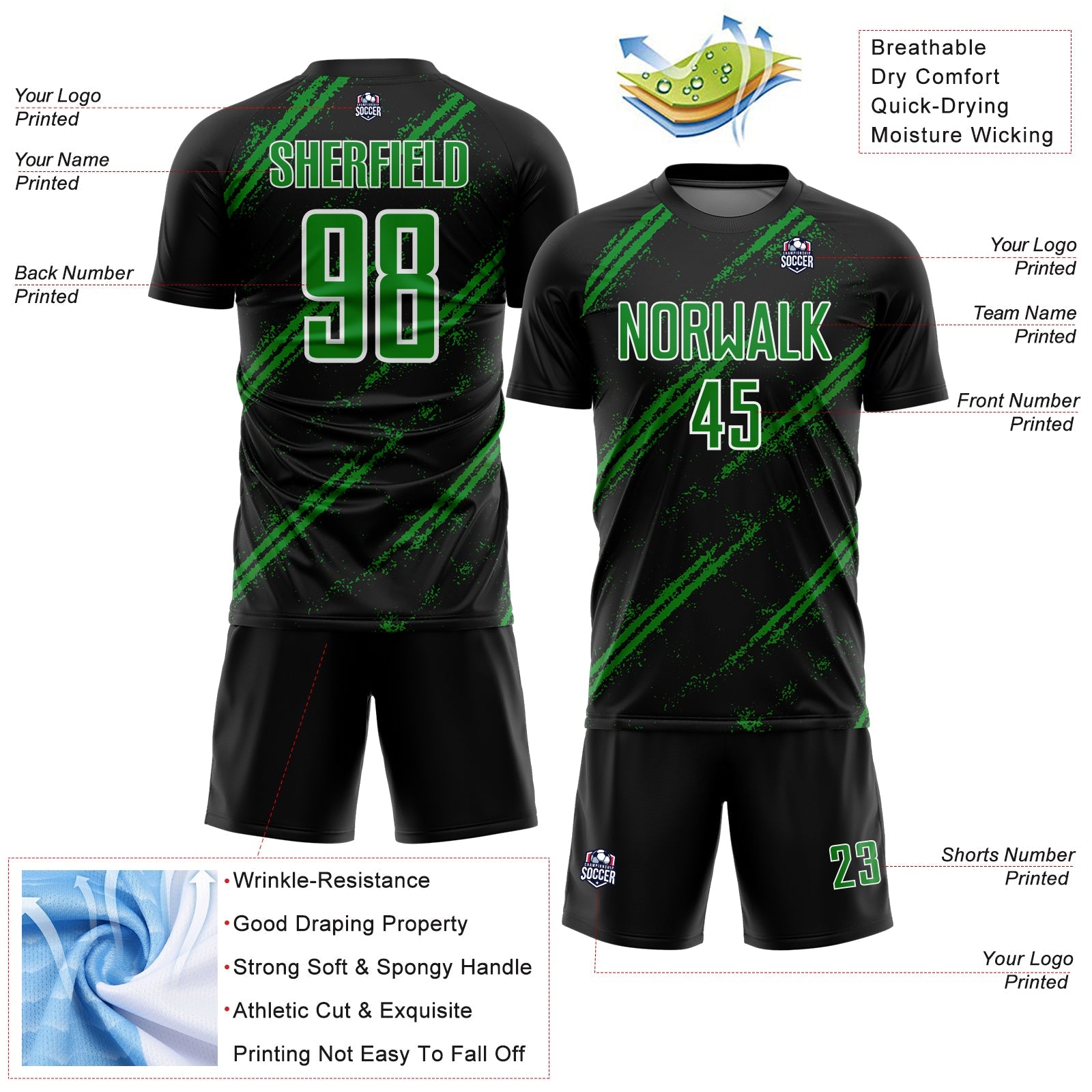 Custom Black Grass Green-White Abstract Fragment Art Splash Sublimation Soccer Uniform Jersey