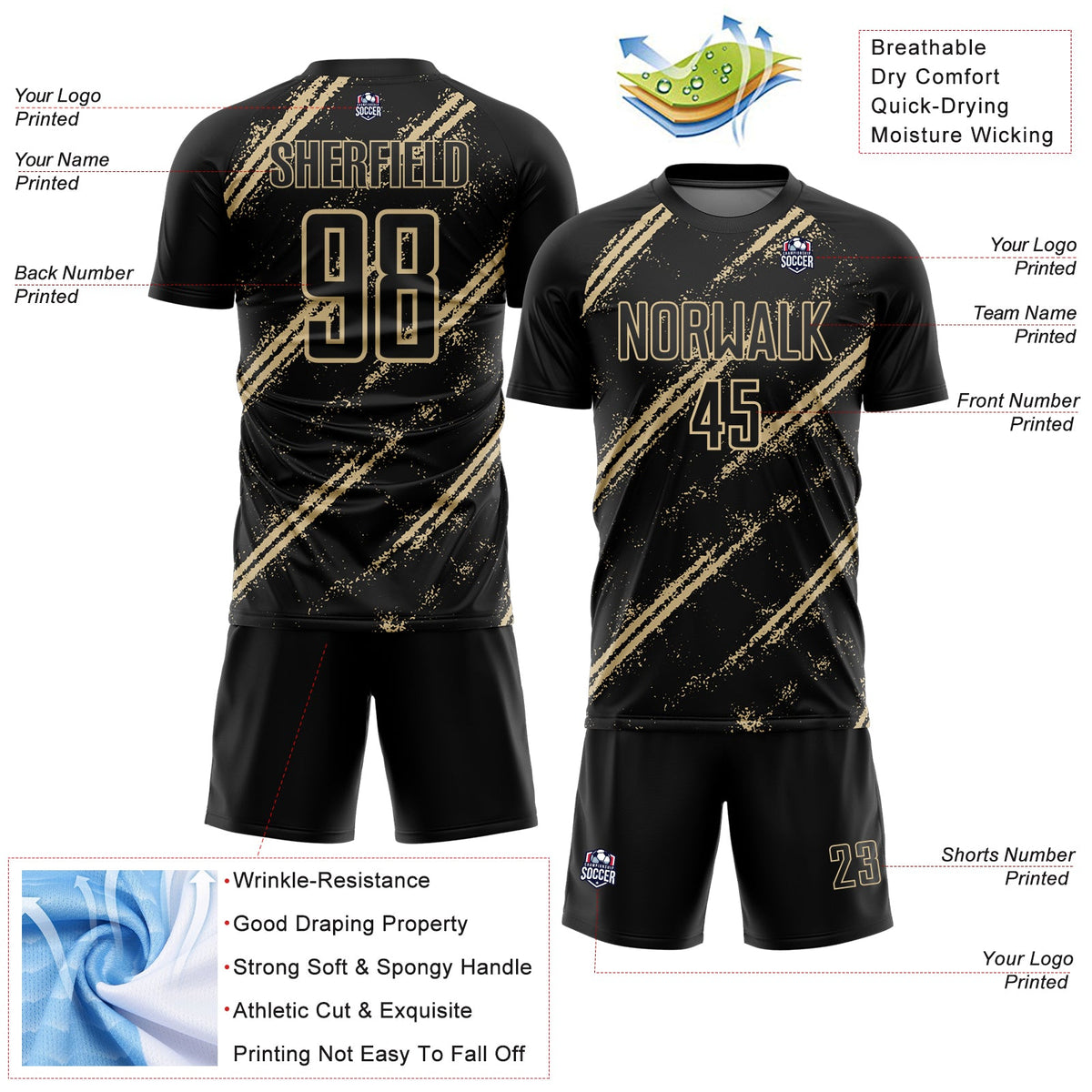 Custom Black Vegas Gold Abstract Fragment Art Splash Sublimation Soccer Uniform Jersey