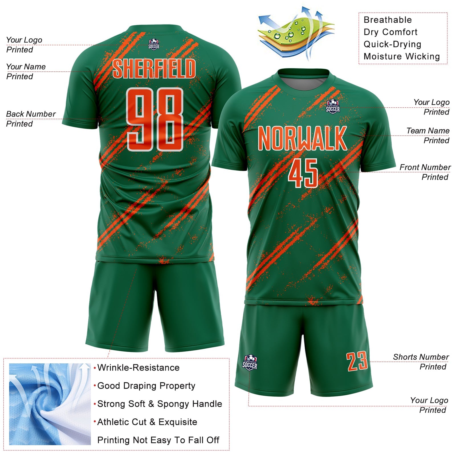 Custom Kelly Green Orange-White Abstract Fragment Art Splash Sublimation Soccer Uniform Jersey